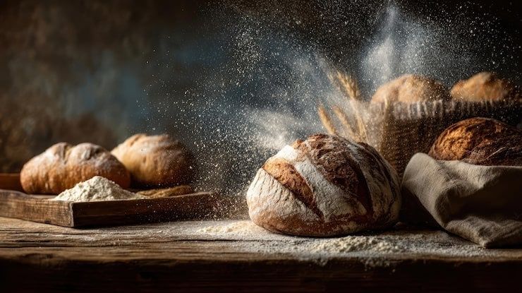 Rustic sourdough loaves surrounded by flour in a country kitchen